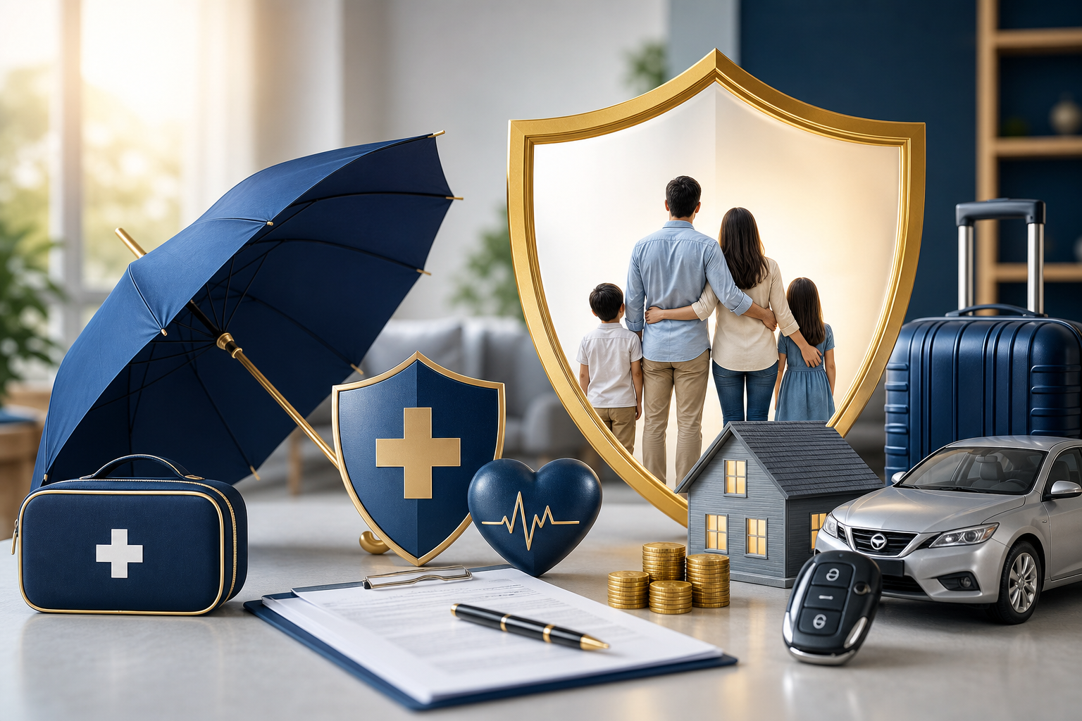 Premium insurance protection visual for family, health, life, motor, travel, and home cover
