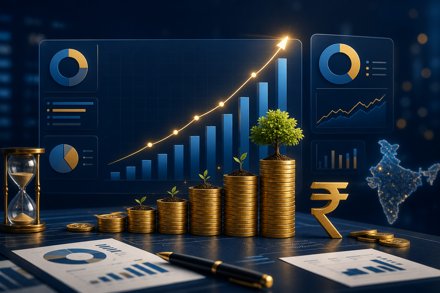 Premium mutual fund SIP growth graphic with charts, coins, and long-term wealth creation